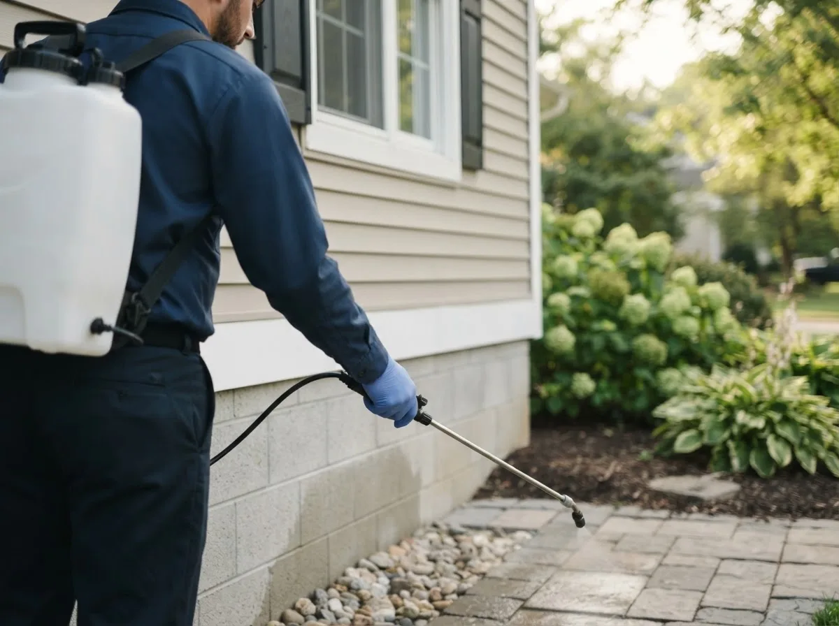 Pest control technician inspecting a home in Peytona, WV